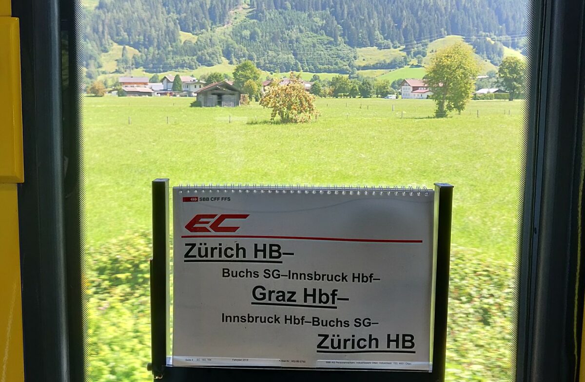 Train destination sign in the door of the carriage. Saying: "EC Zürich HB-Buchs SG-Innbruck Hbf-Graz Hbf-Innsbruck Hbf-Buchs SG-Zürich HB"