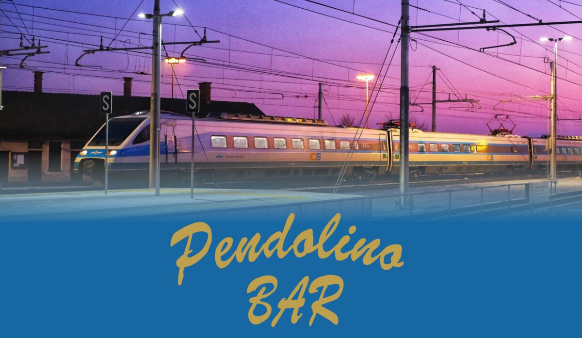 The Pendolino Bar Logo and a SZ Pendolino train during sunset entering Maribor railway station in the background